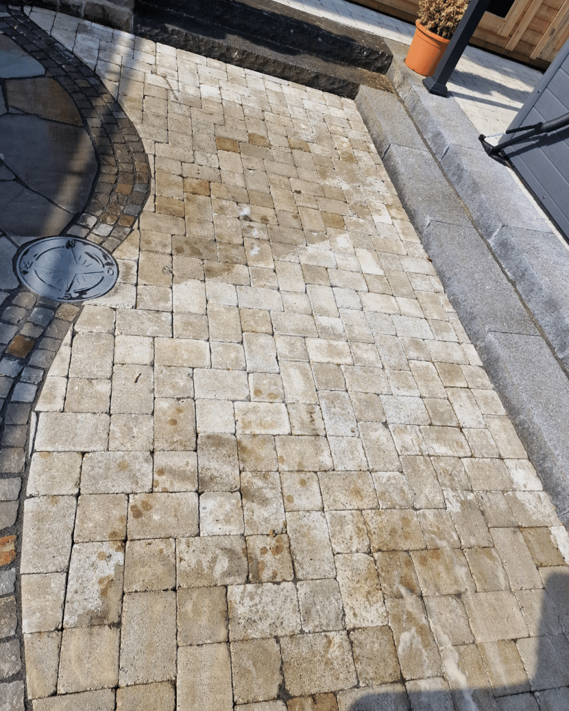 Reinigung von Pflastersteinen im Hof – verschmutzte Steinplatten wieder sauber und hell.