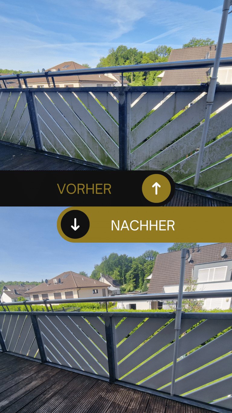 Vorher-Nachher: Reinigung eines Holzzauns am Balkon – grüne Beläge entfernt, Holz wieder sauber.