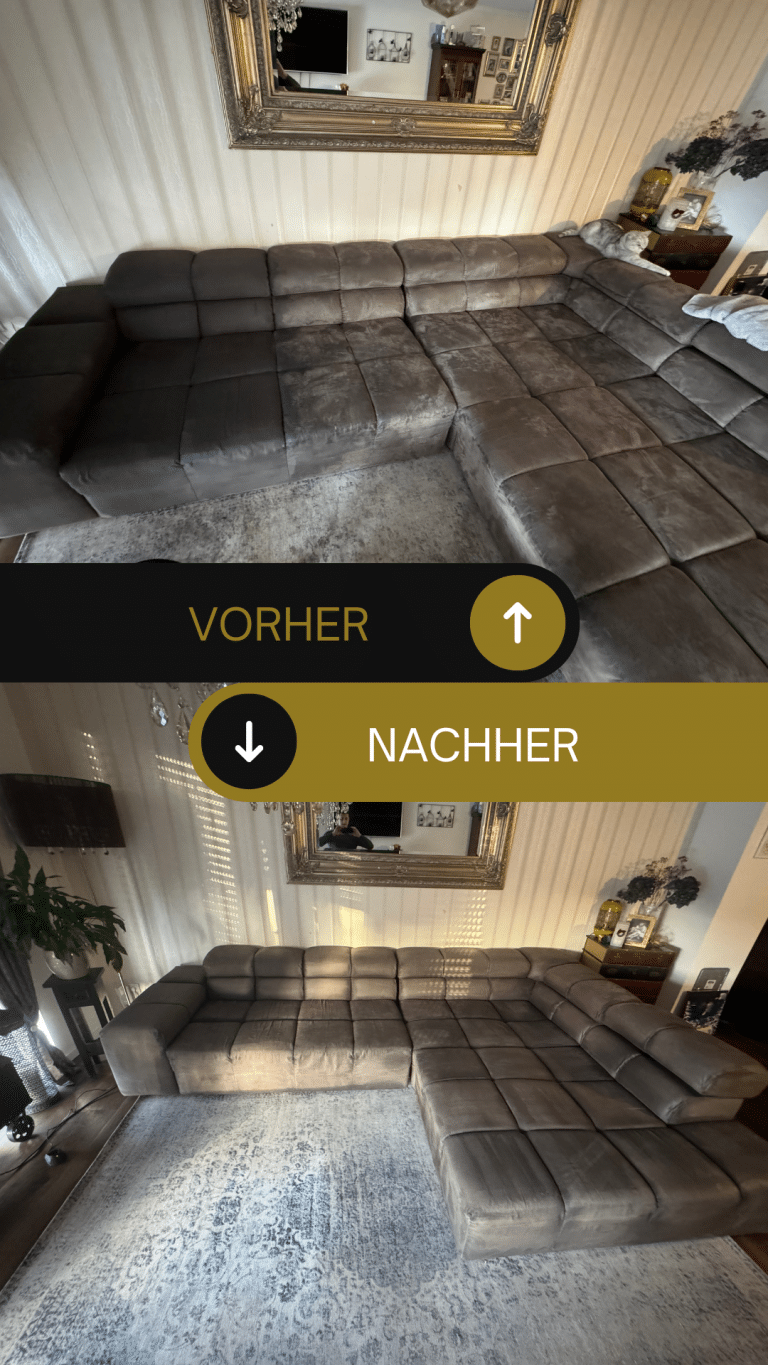 Vorher-Nachher: Teppich- und Polsterreinigung im Wohnzimmer – verschmutzter Teppichboden und Sofa wieder sauber.