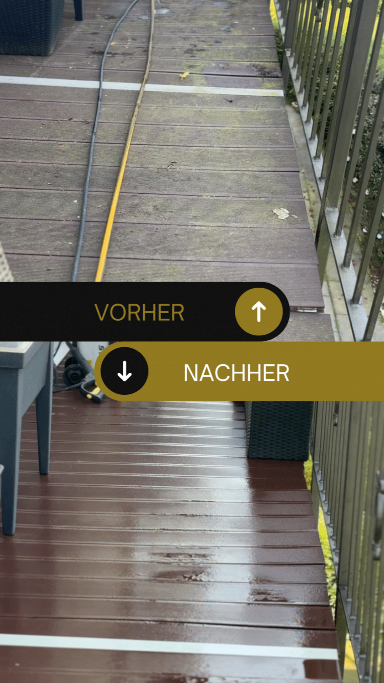Vorher-Nachher: Reinigung von Holzdielen auf der Terrasse – schmutziger Boden wieder sauber.
