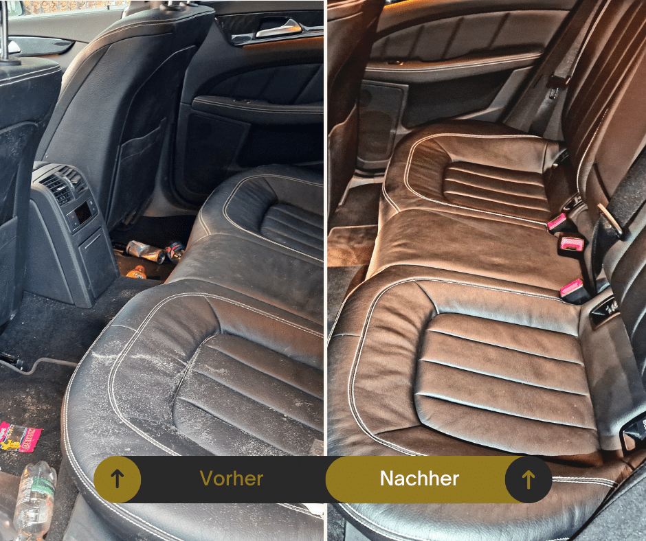 Vorher-Nachher: Lederreinigung im Fahrzeuginnenraum – verschmutzte Sitze wieder gepflegt und sauber.