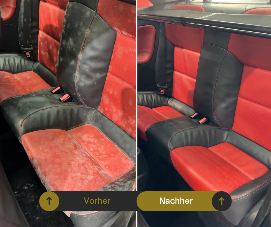 Vorher-Nachher: Lederreinigung im Fahrzeuginnenraum – verschmutzte rote Sitze wieder gepflegt und sauber.