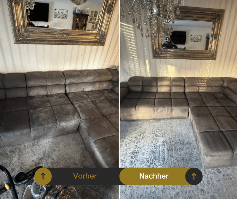 Vorher-Nachher: Teppich- und Polsterreinigung im Wohnzimmer – verschmutzter Teppichboden und Sofa wieder sauber.