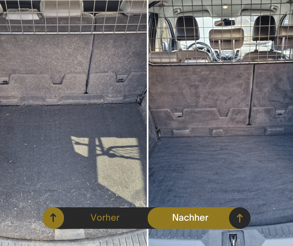 Vorher-Nachher: Kofferraumreinigung – verschmutzter Stauraum wieder sauber und gepflegt.