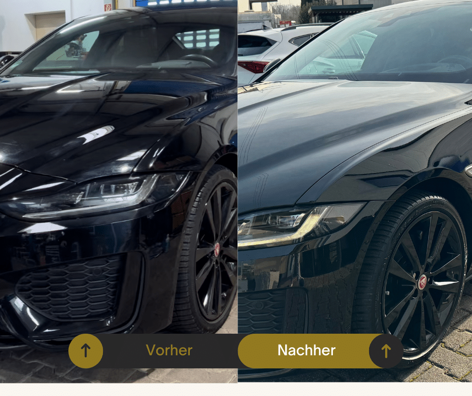 Autoaufbereitung vorher-nachher: schwarzer Wagen glänzend nach Reinigung.